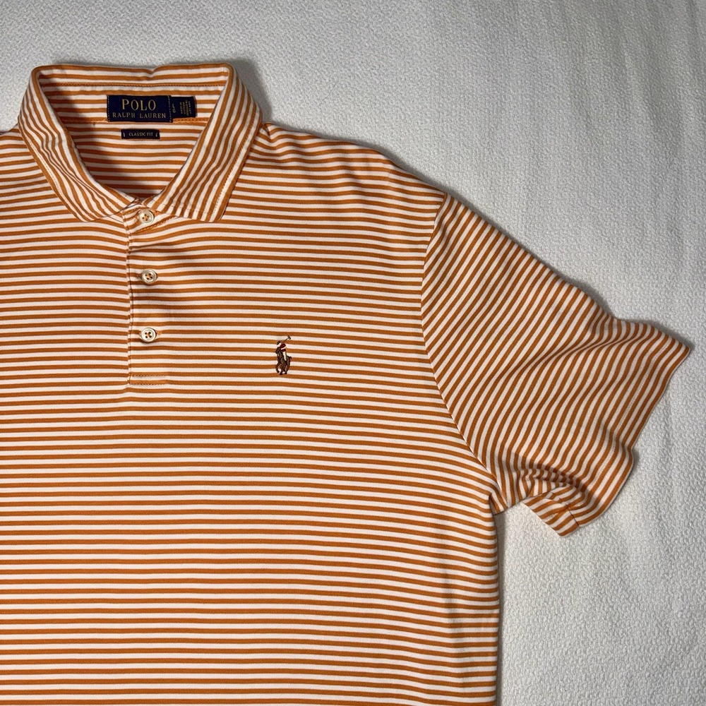 Polo Ralph Lauren Mens L Polo Shirt Orange White Stripes Soft Cotton Flesh Pony